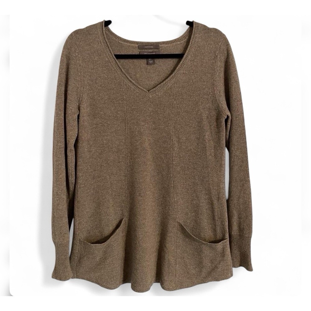 Saffron 100% Cashmere Brown‎ Lagenlook Pullover V Neck Sweater Womens L Pocket